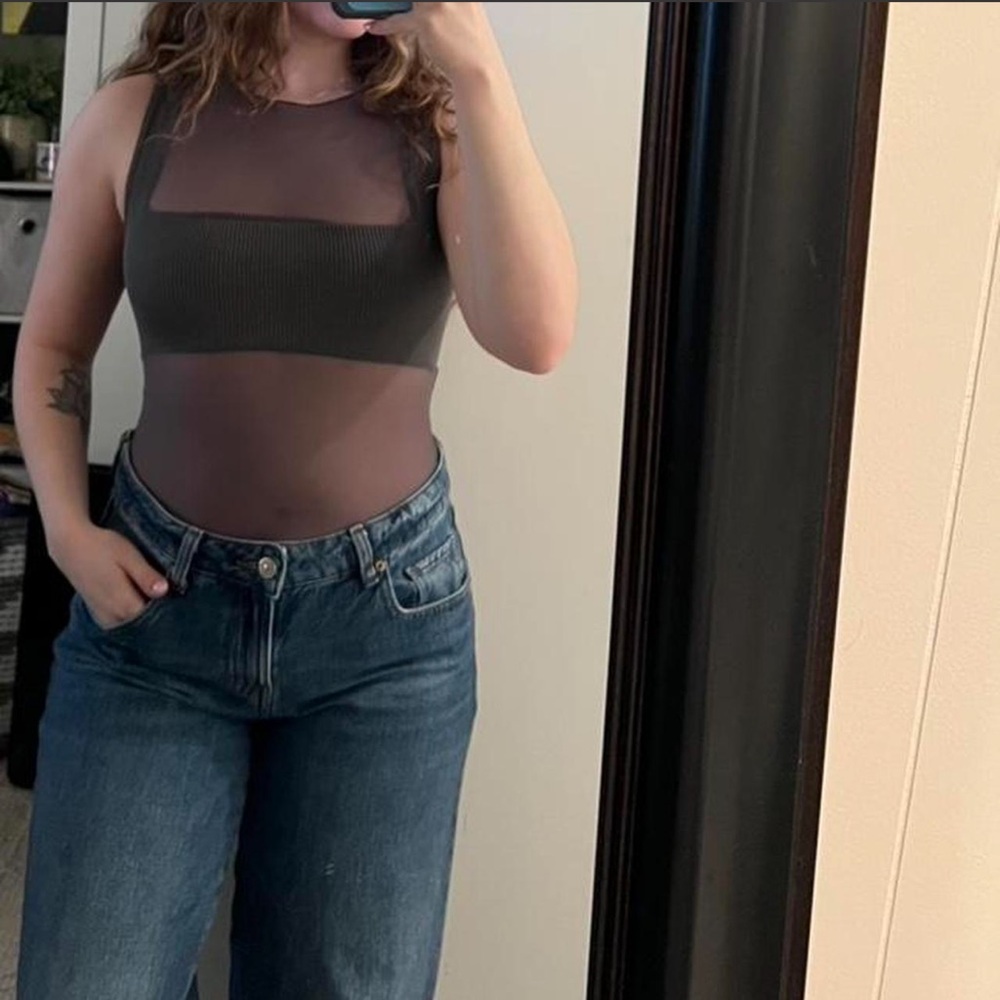 Zara Black Sheer Mesh Ribbed Bodysuit